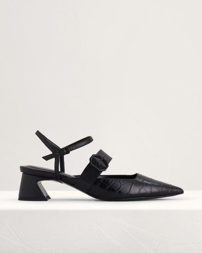 Croc-Effect Buckled Leather Heels