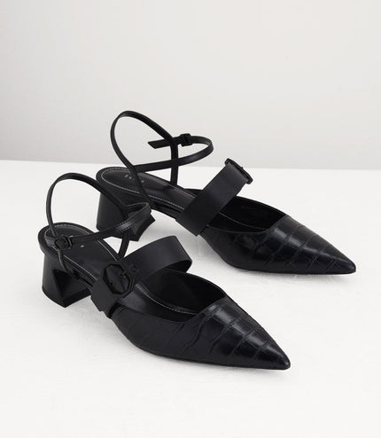 Croc-Effect Buckled Leather Heels