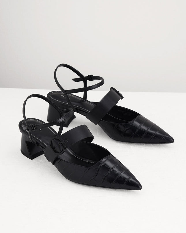 Croc-Effect Buckled Leather Heels