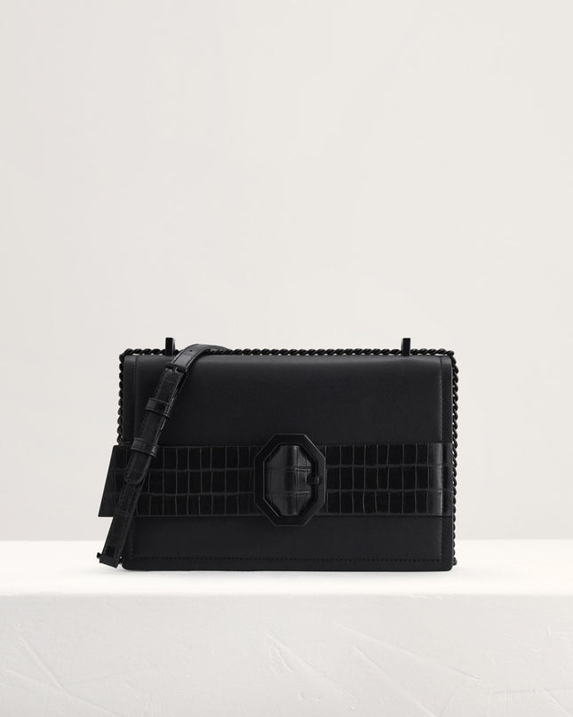 Croc-Effect Buckled Shoulder Bag