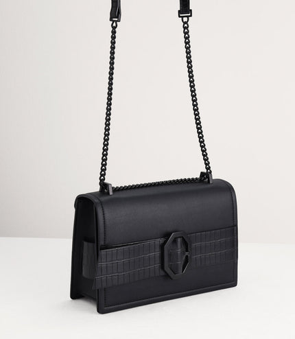 Croc-Effect Buckled Shoulder Bag