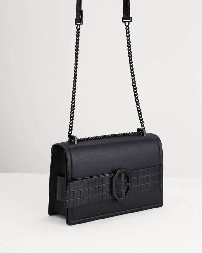 Croc-Effect Buckled Shoulder Bag