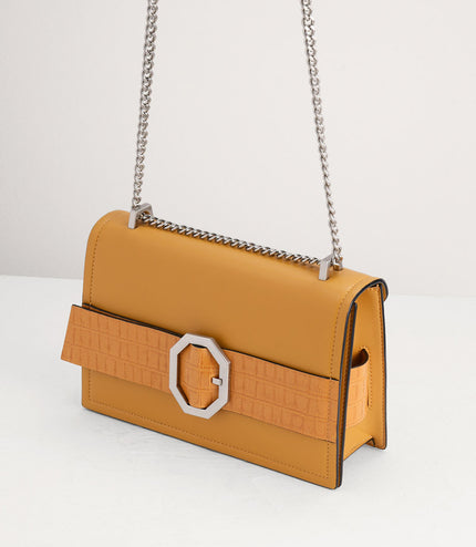 Croc-Effect Buckled Shoulder Bag