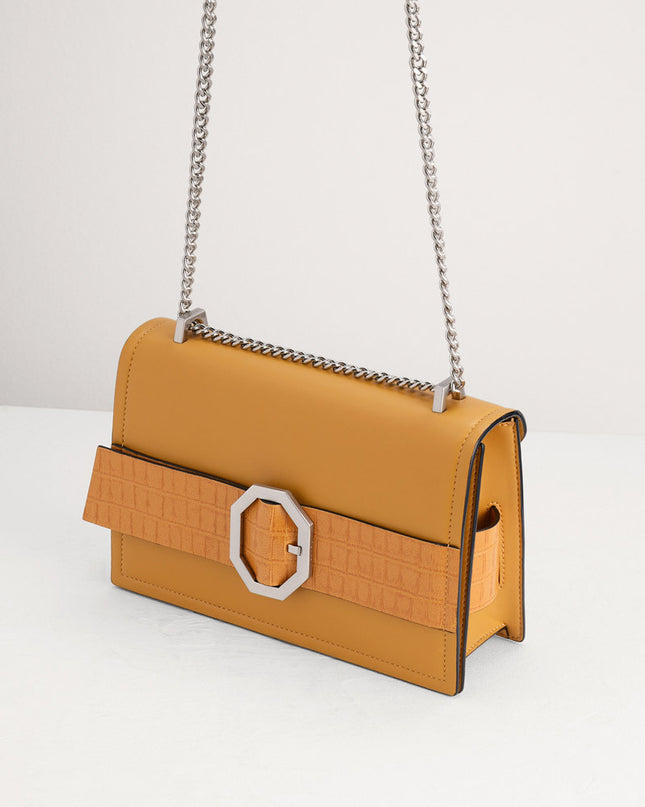 Croc-Effect Buckled Shoulder Bag