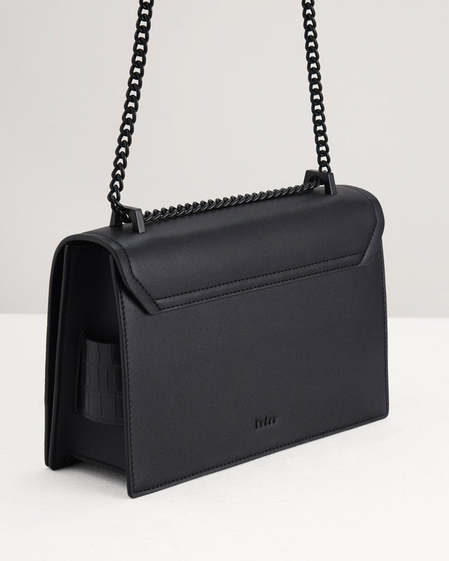 Croc-Effect Buckled Shoulder Bag
