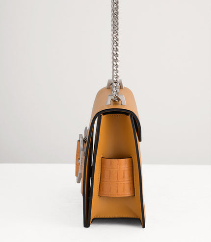 Croc-Effect Buckled Shoulder Bag