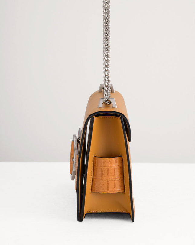 Croc-Effect Buckled Shoulder Bag