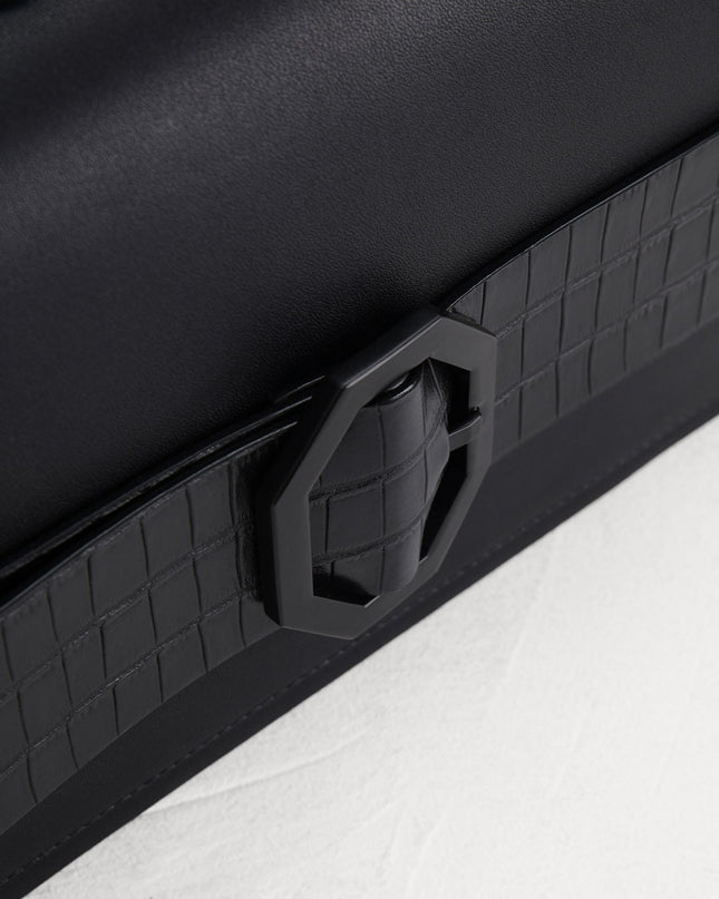 Croc-Effect Buckled Shoulder Bag