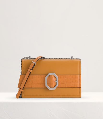 Croc-Effect Buckled Shoulder Bag