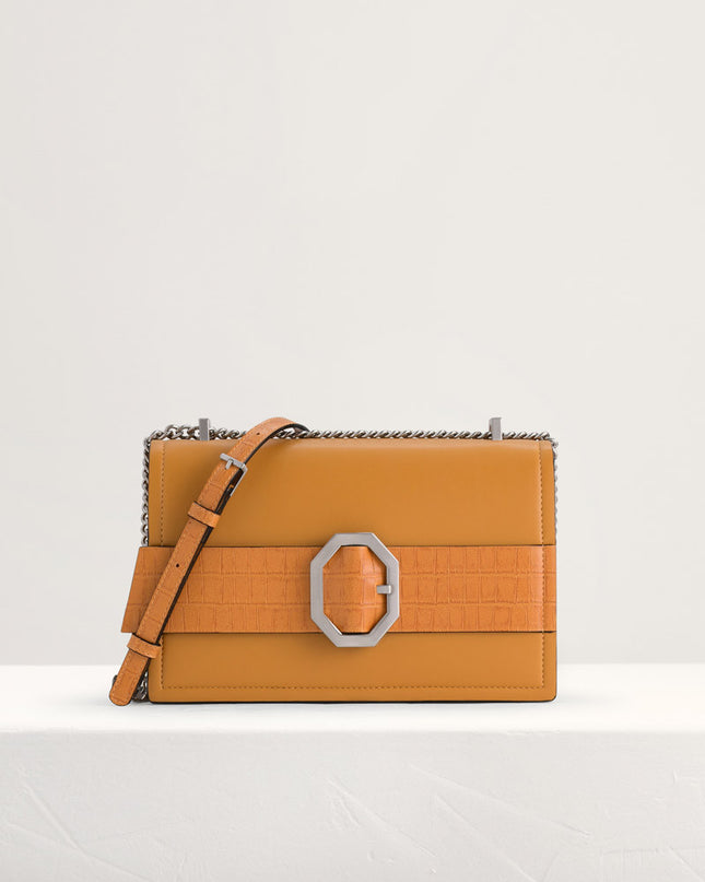 Croc-Effect Buckled Shoulder Bag