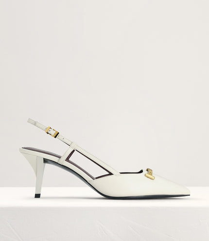 Plaque-Embellished Leather Slingback Pumps