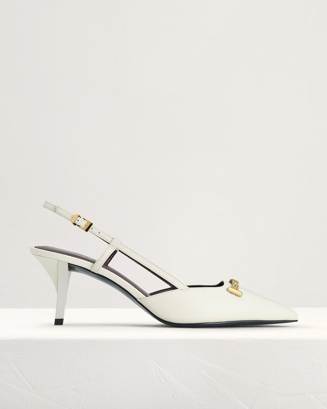 Plaque-Embellished Leather Slingback Pumps