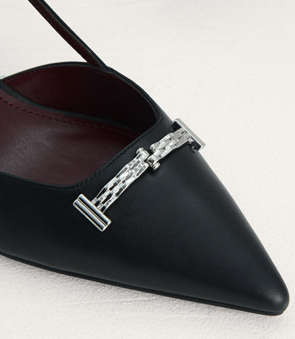 Plaque-Embellished Leather Slingback Pumps