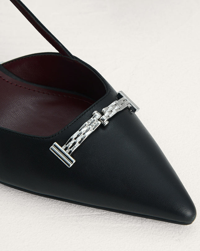 Plaque-Embellished Leather Slingback Pumps