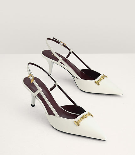Plaque-Embellished Leather Slingback Pumps