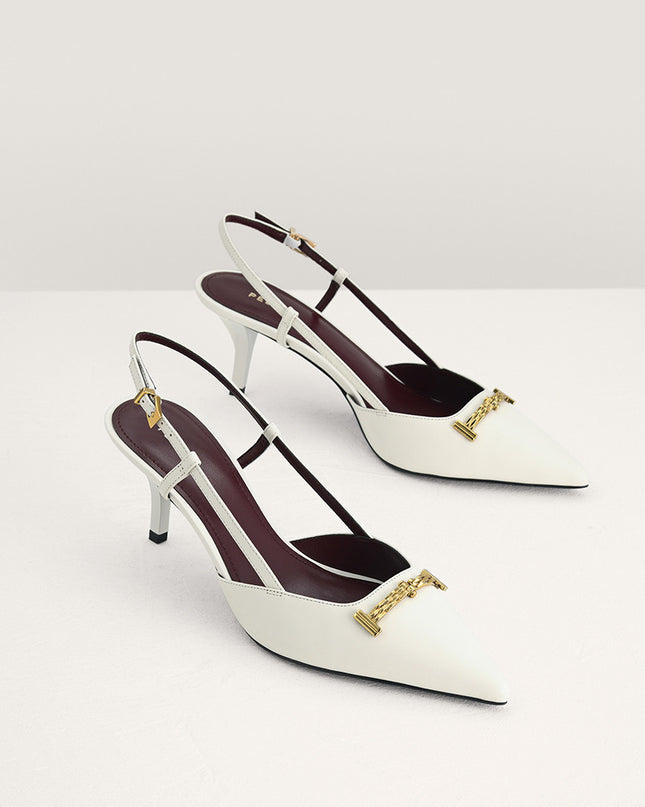 Plaque-Embellished Leather Slingback Pumps