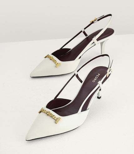 Plaque-Embellished Leather Slingback Pumps