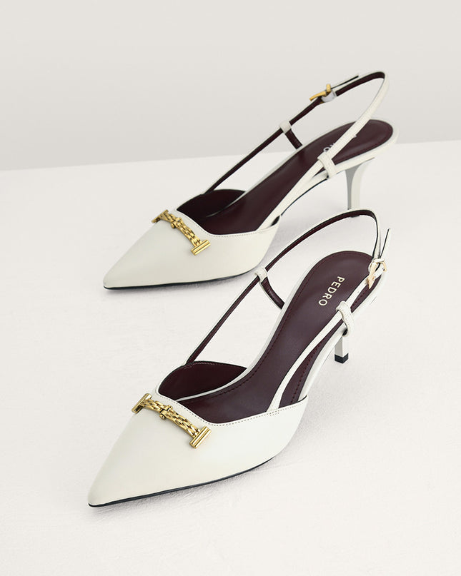 Plaque-Embellished Leather Slingback Pumps