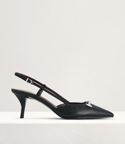 Plaque-Embellished Leather Slingback Pumps