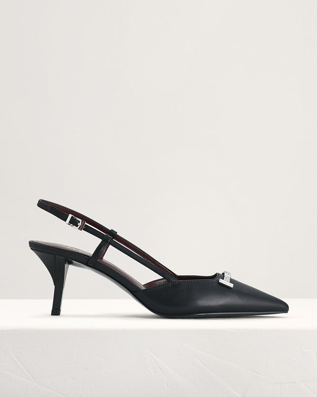 Plaque-Embellished Leather Slingback Pumps
