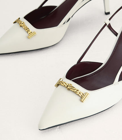 Plaque-Embellished Leather Slingback Pumps