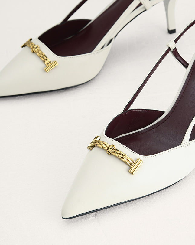 Plaque-Embellished Leather Slingback Pumps