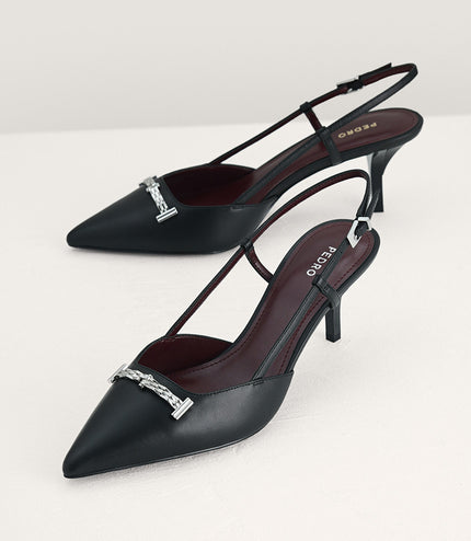 Plaque-Embellished Leather Slingback Pumps