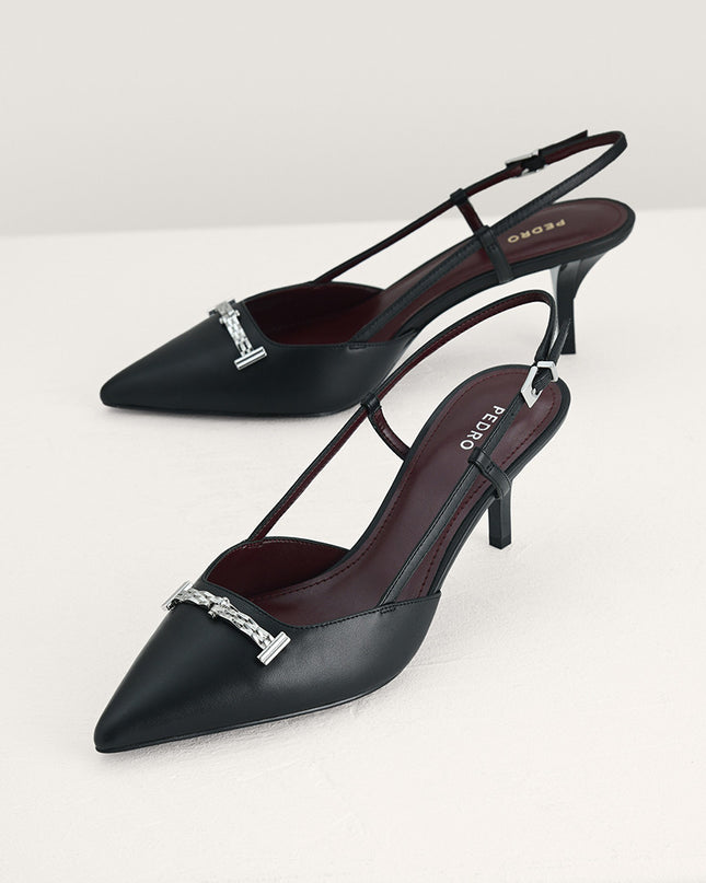 Plaque-Embellished Leather Slingback Pumps