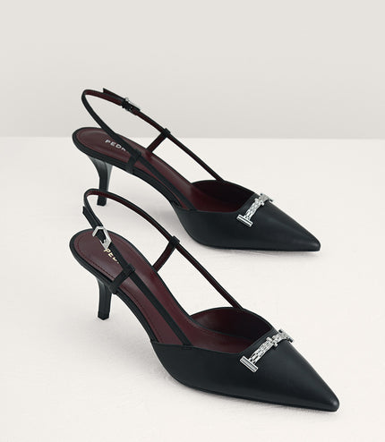 Plaque-Embellished Leather Slingback Pumps