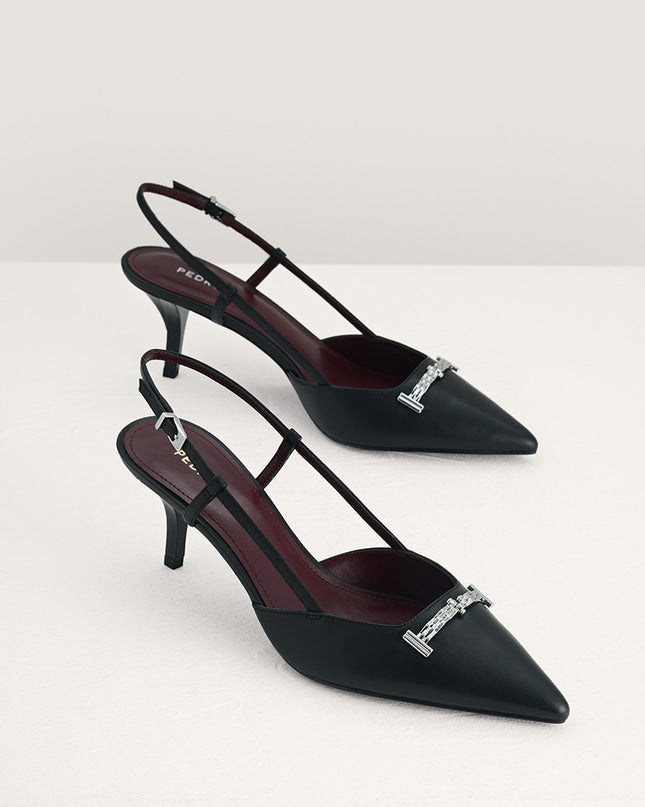 Plaque-Embellished Leather Slingback Pumps