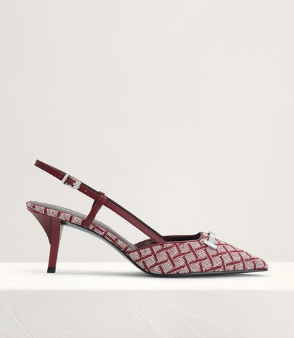Plaque-Embellished Canvas Slingback Pumps