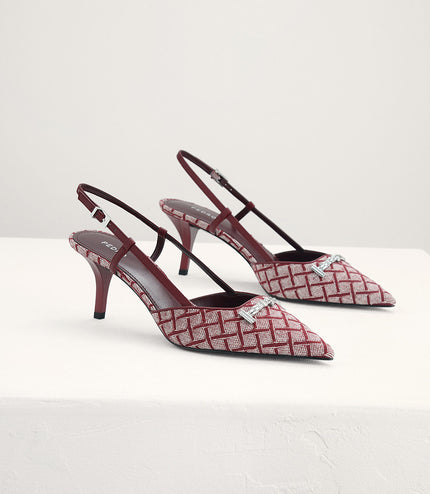 Plaque-Embellished Canvas Slingback Pumps