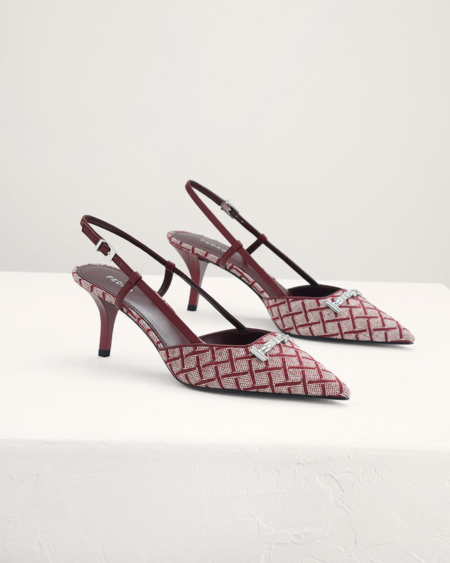 Plaque-Embellished Canvas Slingback Pumps