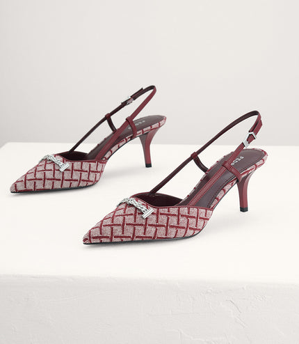 Plaque-Embellished Canvas Slingback Pumps