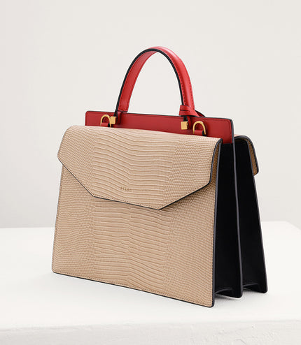 Lizard-Effect Structured Top Handle Bag