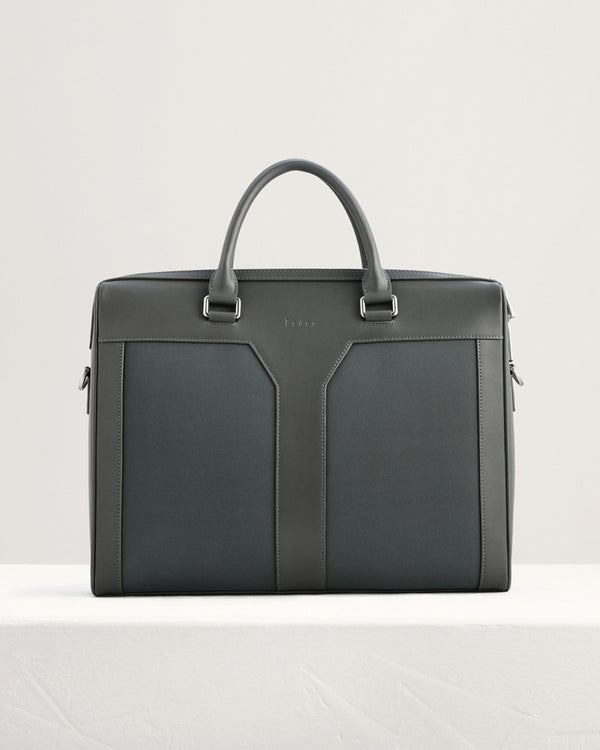 Leather Zipped Briefcase with Nylon Detail - Dark grey