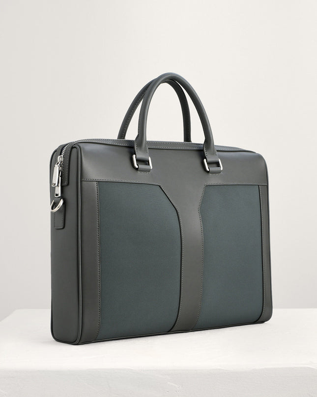 Leather Zipped Briefcase with Nylon Detail - Dark grey