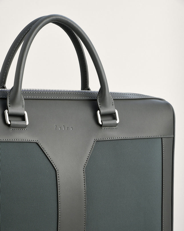 Leather Zipped Briefcase with Nylon Detail - Dark grey