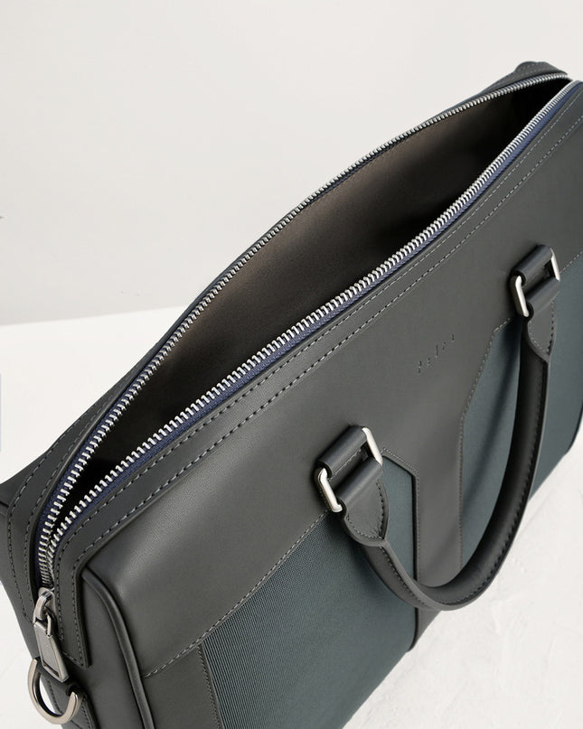 Leather Zipped Briefcase with Nylon Detail - Dark grey