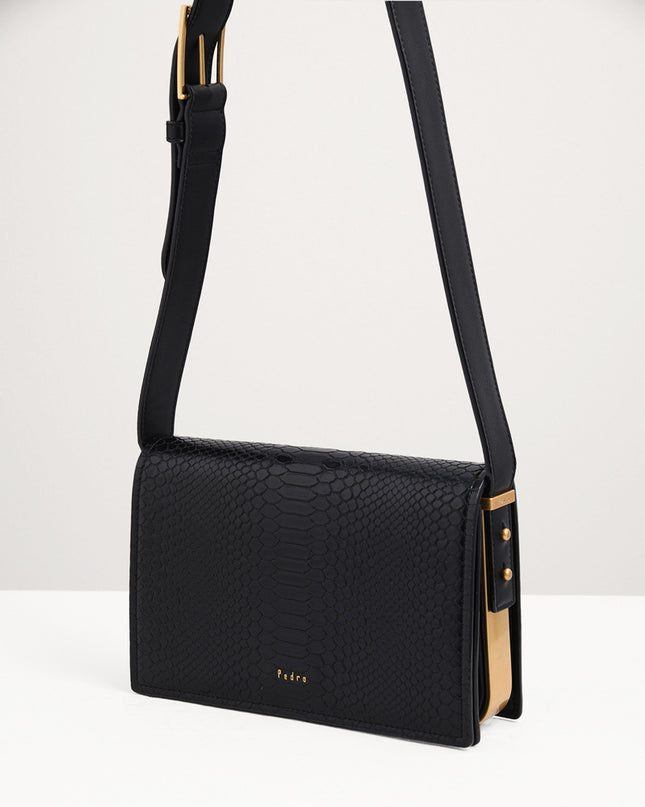 Snake-Effect Front Flap Shoulder Bag