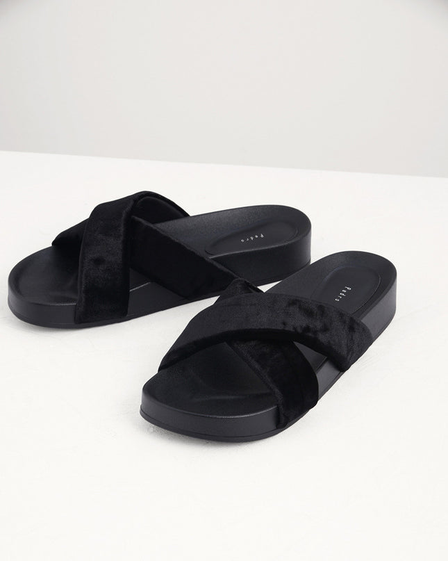 Velvet Crossband Flatform Sliders