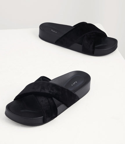 Velvet Crossband Flatform Sliders