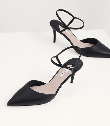 Ankle Strap Pointed Toe Leather Pumps