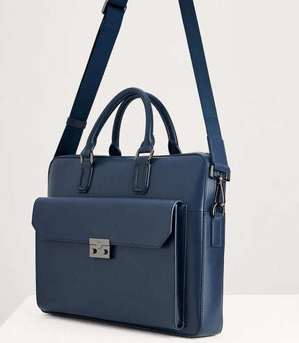 Push-lock Buckle Leather Briefcase