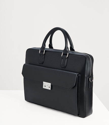 Push-lock Buckle Leather Briefcase