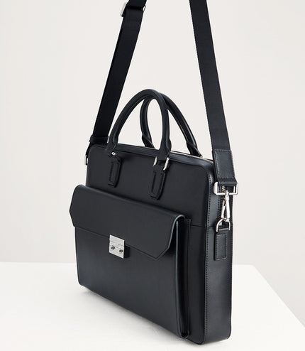 Push-lock Buckle Leather Briefcase
