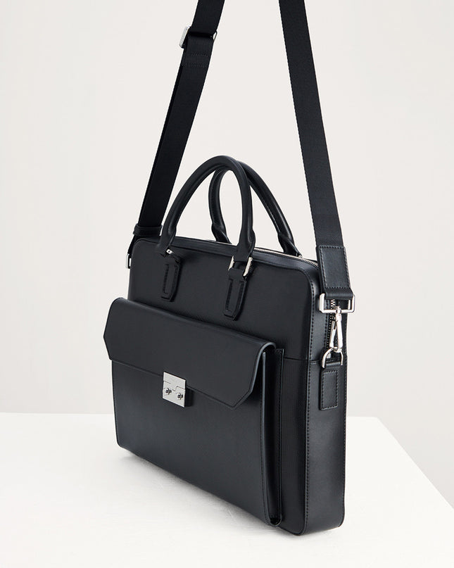 Push-lock Buckle Leather Briefcase