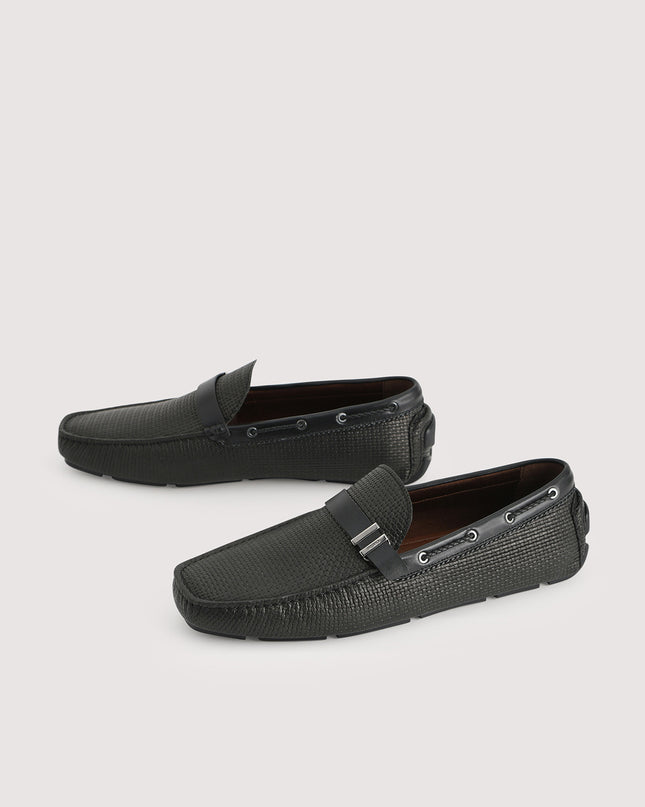 Embossed Buckled Leather Moccasin