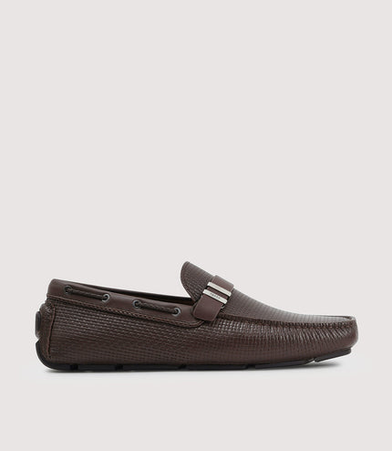 Embossed Buckled Leather Moccasin
