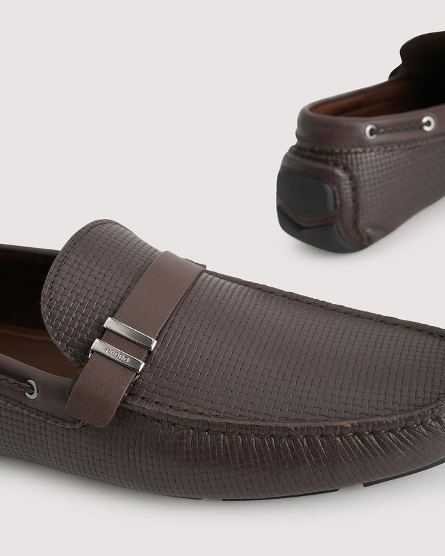 Embossed Buckled Leather Moccasin